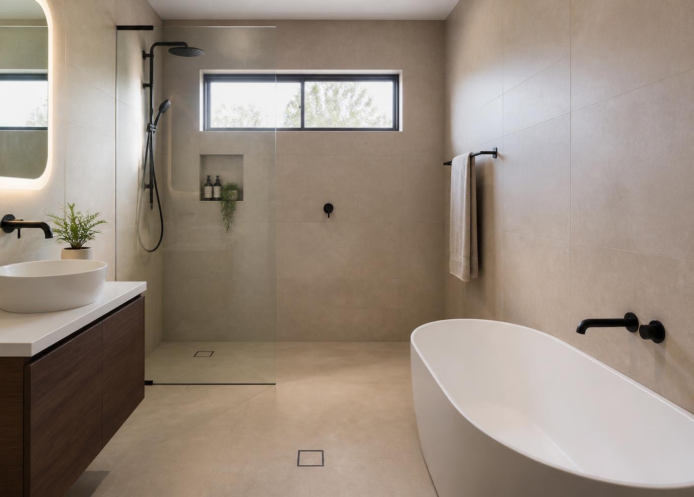 Completed bathroom fully tiled in warm large-format stone-look porcelain with a walk-in shower