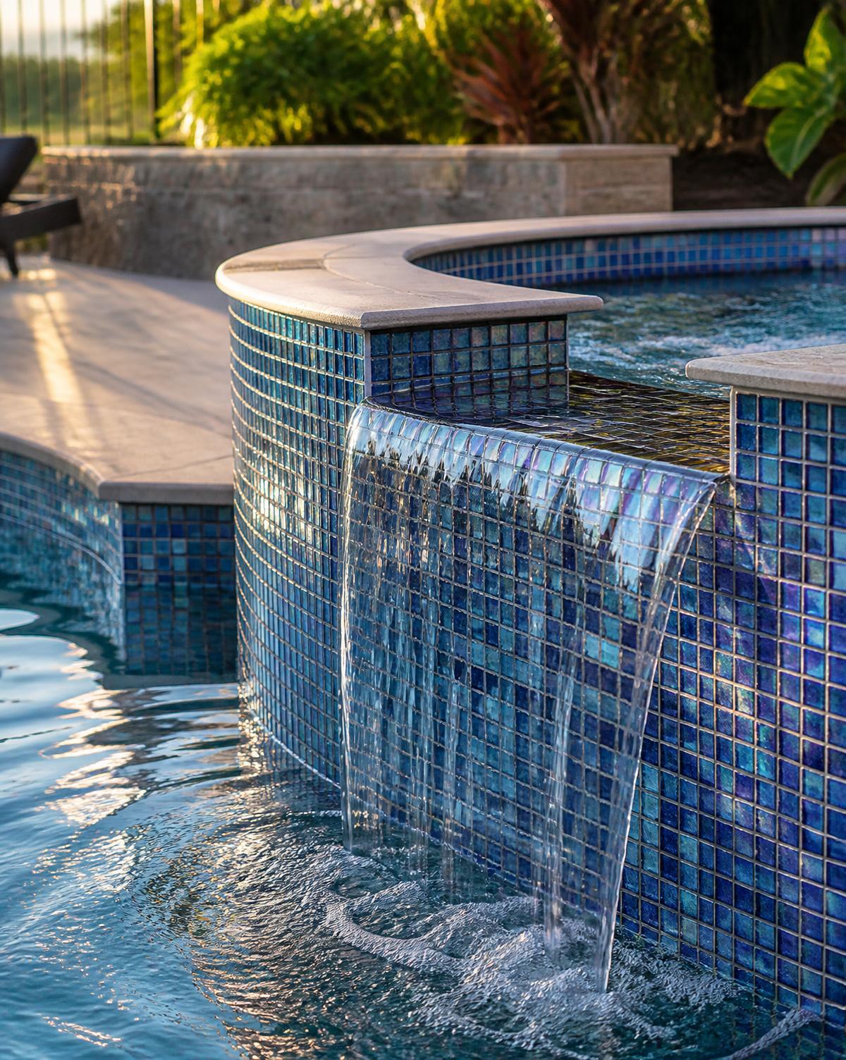 Tiled spa with iridescent blue mosaic and water spilling over a wet edge into the pool